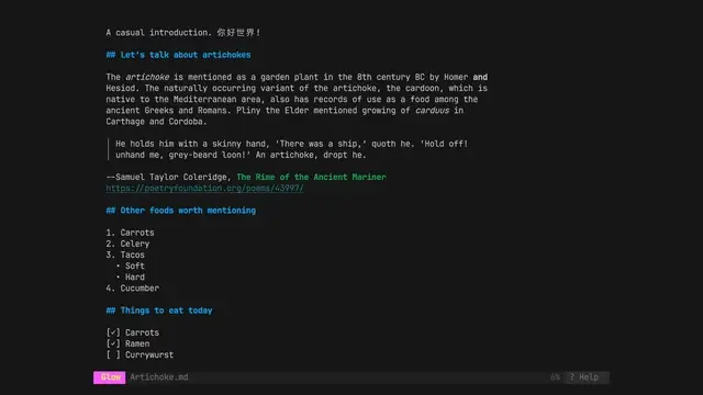 Glow terminal interface rendering a Markdown document with headings and task lists