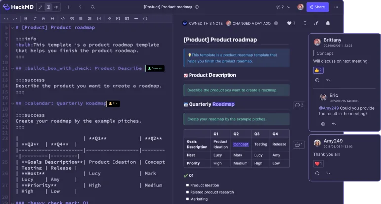 HackMD product roadmap with Markdown source, preview, collaborators, and comments