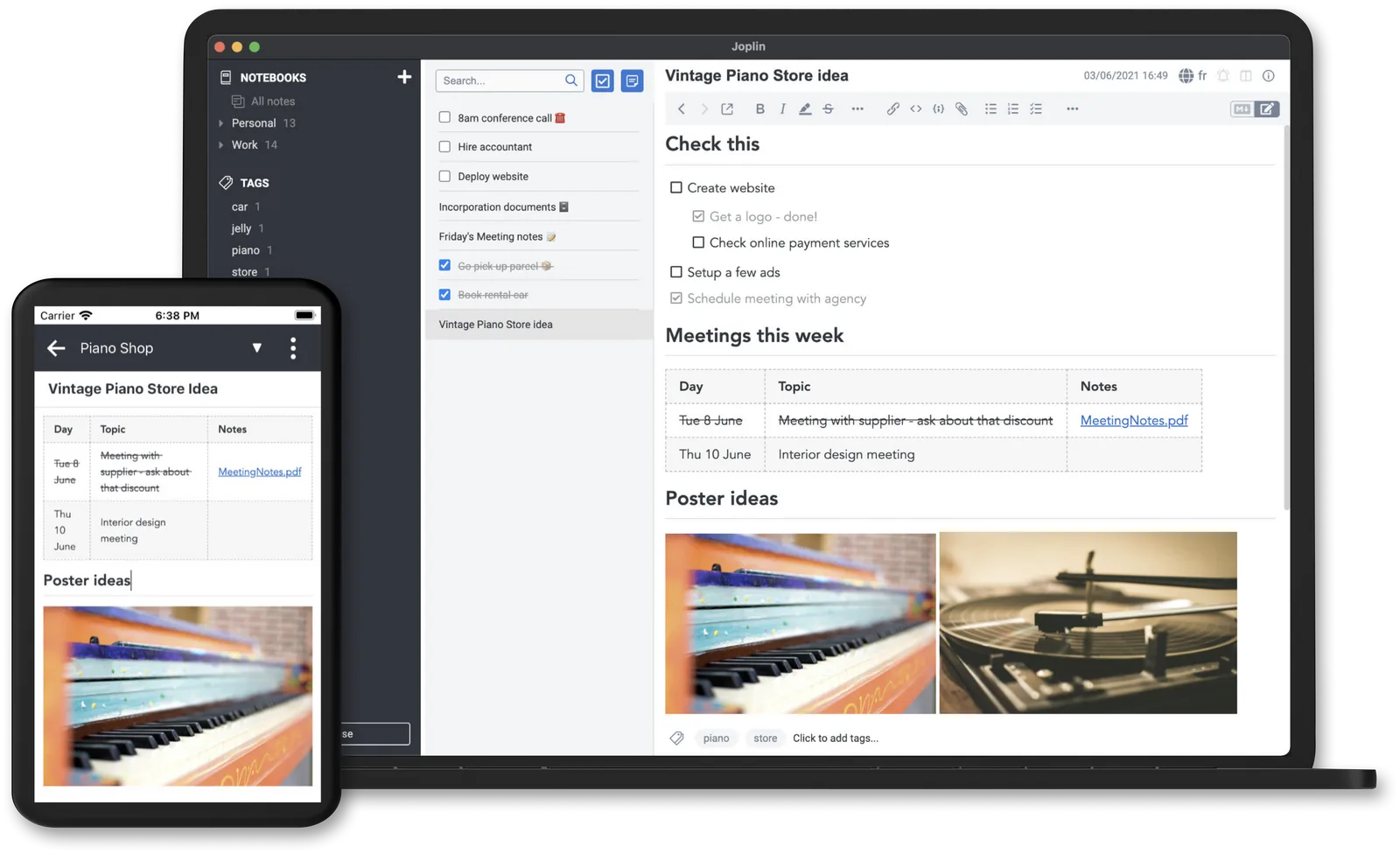 Joplin desktop and mobile apps showing notebooks, tasks, and a note with a table
